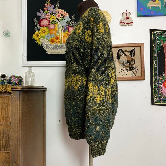 Vintage Green & Gold Grandpa Cardigan, 1970s Hand Knit Button Front Sweater Sz L - Picture 8 of 11